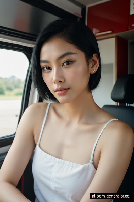 chinese athletic young-adult woman with small boobs and black hair of shoulder length, sitting in camper van, wearing naked, with shaved pussy