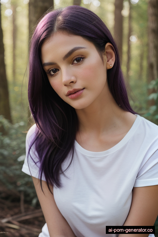 white average built adult woman with small boobs and purple hair of shoulder length, bending over in forest, wearing t-shirt, with shaved pussy