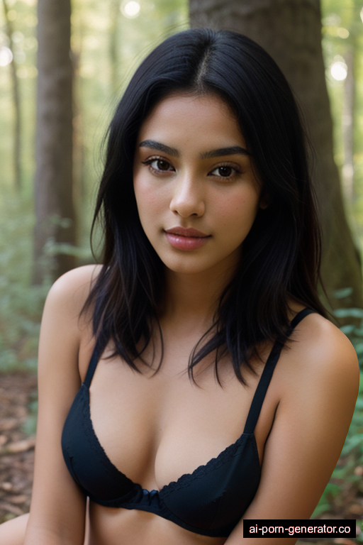 latino average built teen woman with small boobs and black hair of shoulder length, sitting in forest, wearing bra only, with shaved pussy