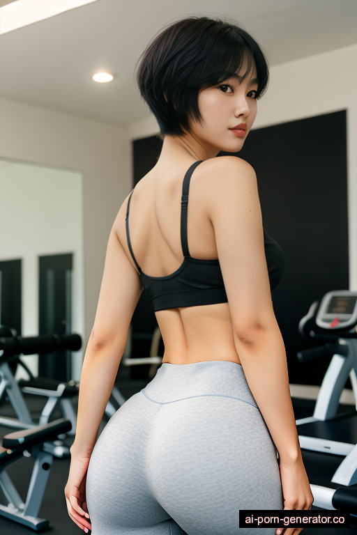 korean average built young-adult woman with large boobs and black hair of pixie cut length, bending over in gym, wearing yoga pants, with shaved pussy