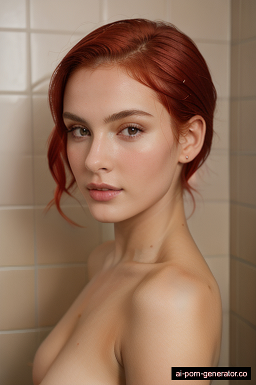 white average built young-adult woman with medium boobs and red hair of shoulder length, standing in shower, wearing naked, with shaved pussy