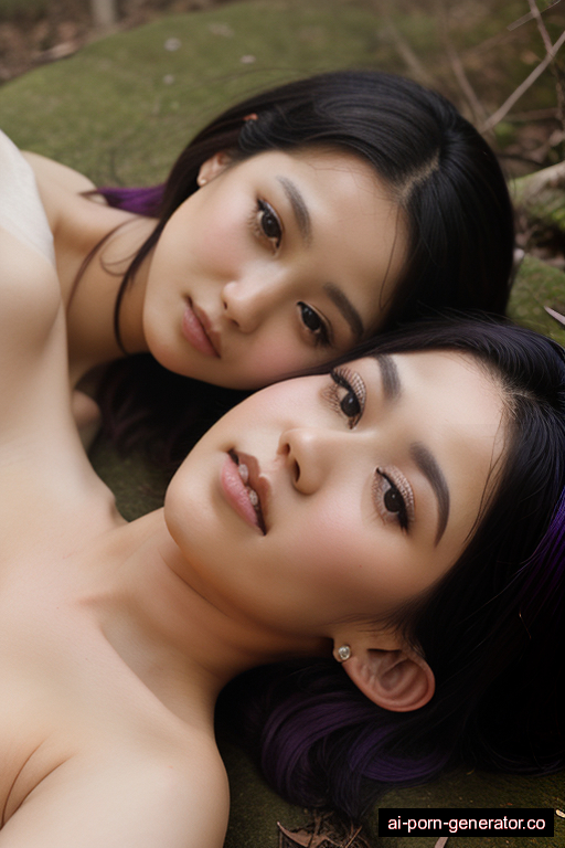 japanese skinny young-adult woman with small boobs and purple hair of shoulder length, lying down in forest, wearing naked, with shaved pussy