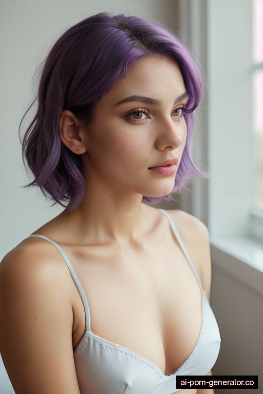 russian athletic young-adult woman with medium boobs and purple hair of shoulder length, standing in bedroom, wearing naked, with shaved pussy