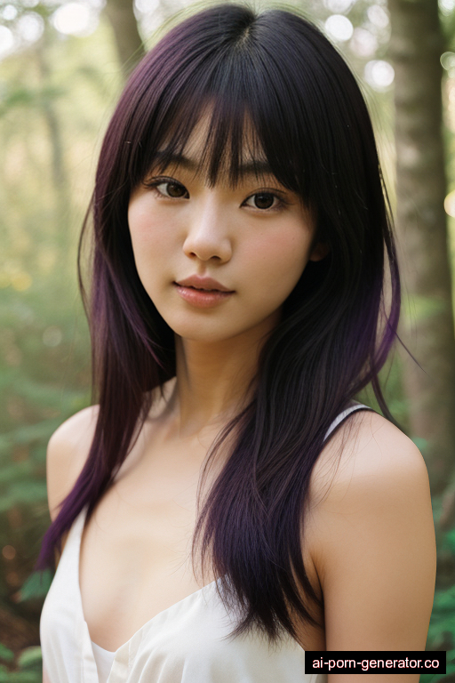 japanese skinny young-adult woman with medium boobs and purple hair of shoulder length, standing in forest, wearing panties only, with shaved pussy