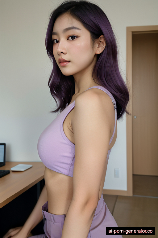 korean athletic young-adult woman with medium boobs and purple hair of shoulder length, bending over in office, wearing skirt, with shaved pussy