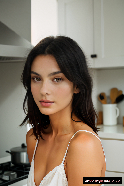 italian average built young-adult woman with medium boobs and dark hair of shoulder length, bending over in kitchen, wearing lingerie, with shaved pussy