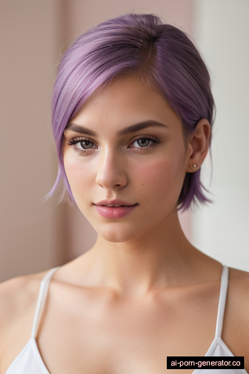 white athletic young-adult woman with medium boobs and purple hair of shoulder length, standing in living room, wearing naked, with shaved pussy