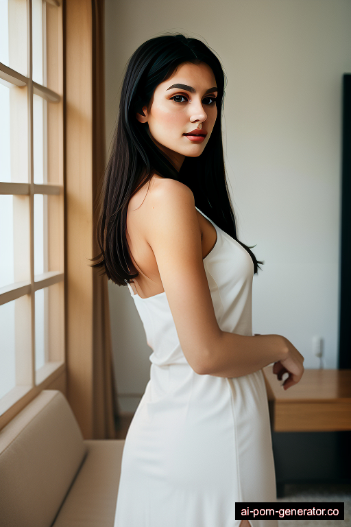 white skinny young-adult woman with medium boobs and dark hair of shoulder length, standing in living room, wearing dress, with shaved pussy