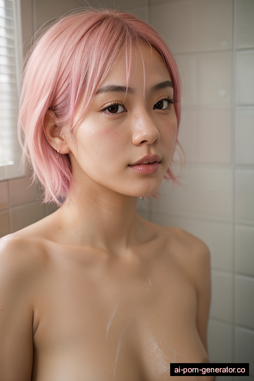 japanese athletic young-adult woman with medium boobs and pink hair of shoulder length, splitting legs in shower, wearing naked, with shaved pussy