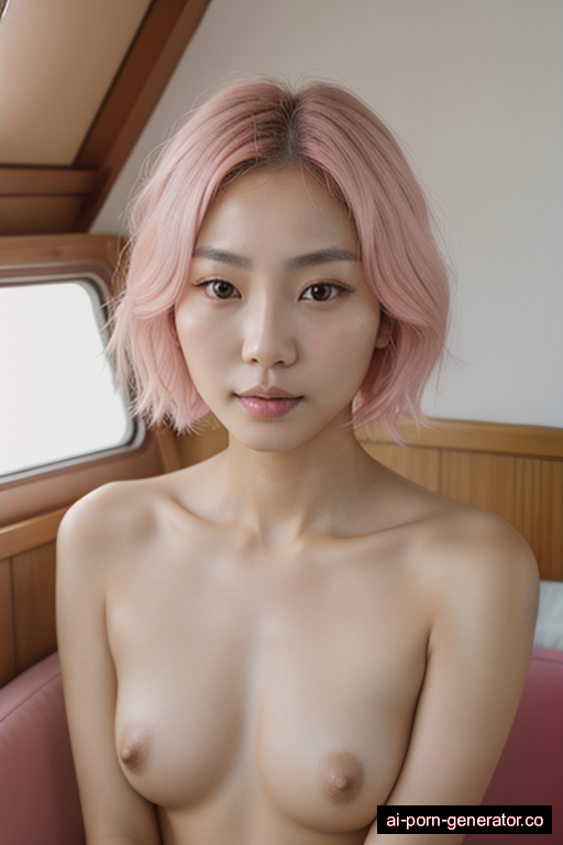 korean skinny adult woman with small boobs and pink hair of shoulder length, sitting in boat, wearing naked, with shaved pussy