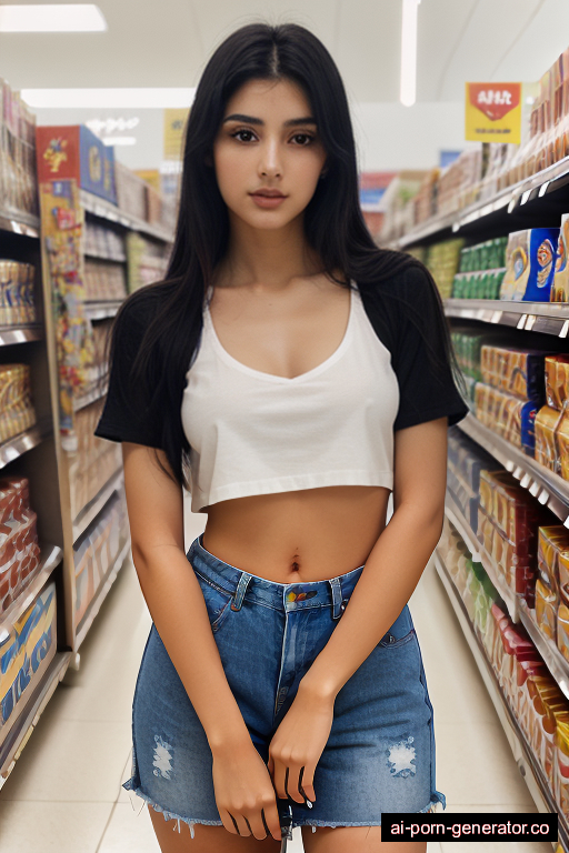 middle eastern average built teen woman with small boobs and black hair of shoulder length, splitting legs in supermarket, wearing t-shirt, with shaved pussy