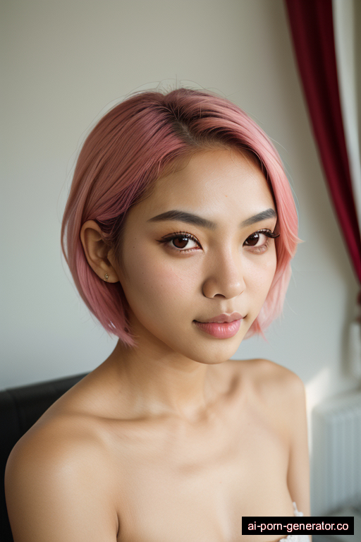 south-east asian skinny young-adult woman with small boobs and pink hair of shoulder length, splitting legs in bedroom, wearing naked, with shaved pussy