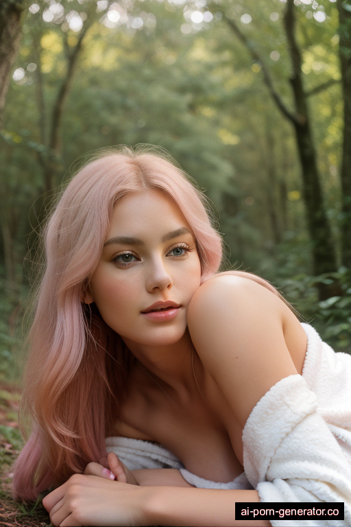 white athletic adult woman with small boobs and pink hair of shoulder length, lying down in forest, wearing bathrobe, with shaved pussy