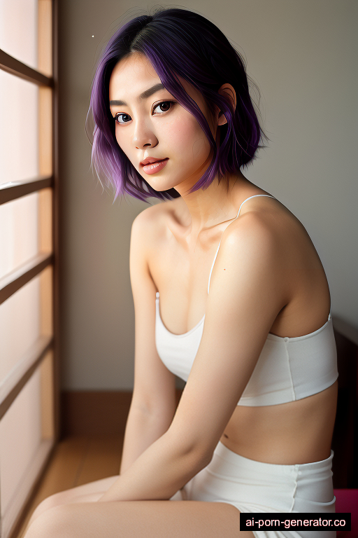 japanese athletic young-adult woman with medium boobs and purple hair of shoulder length, sitting in sauna, wearing bra only, with shaved pussy