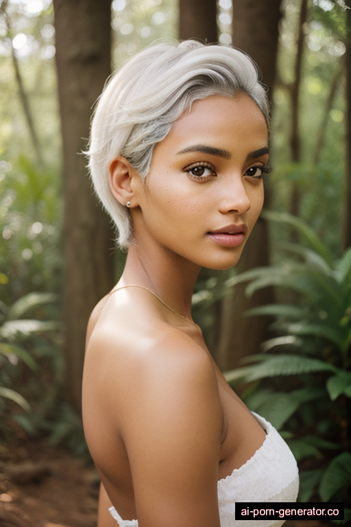 ethiopian average built young-adult woman with medium boobs and white hair of shoulder length, standing in forest, wearing naked, with shaved pussy