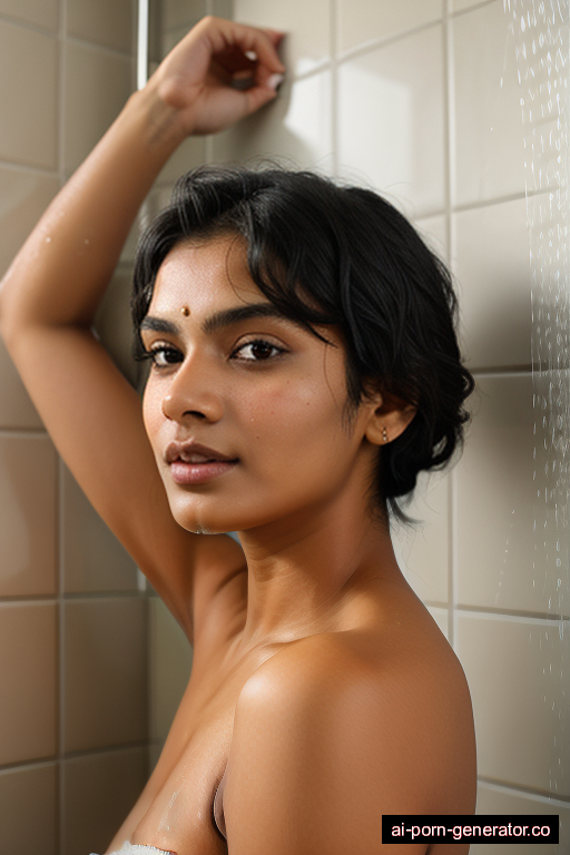 indian athletic young-adult woman with medium boobs and dark hair of shoulder length, splitting legs in shower, wearing naked, with shaved pussy