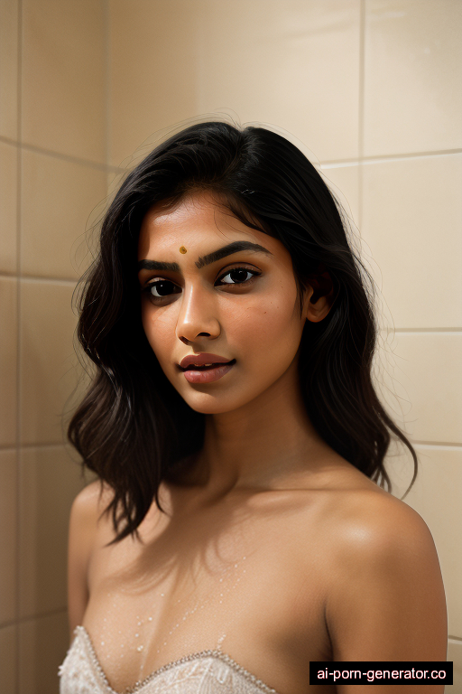 indian skinny young-adult woman with medium boobs and dark hair of shoulder length, bending over in shower, wearing bra only, with shaved pussy