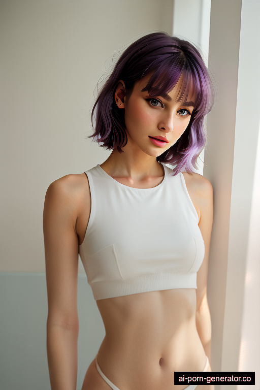 white skinny young-adult woman with medium boobs and purple hair of shoulder length, bending over in bedroom, wearing crop top, with shaved pussy