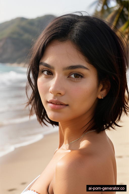 latino athletic young-adult woman with medium boobs and dark hair of shoulder length, standing in beach, wearing naked, with shaved pussy