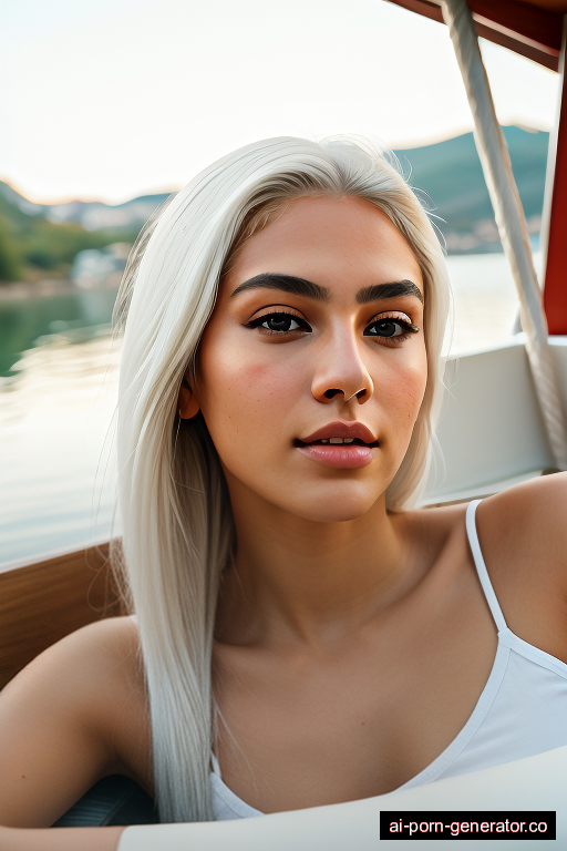 native american average built young-adult woman with medium boobs and white hair of shoulder length, lying down in boat, wearing naked, with shaved pussy