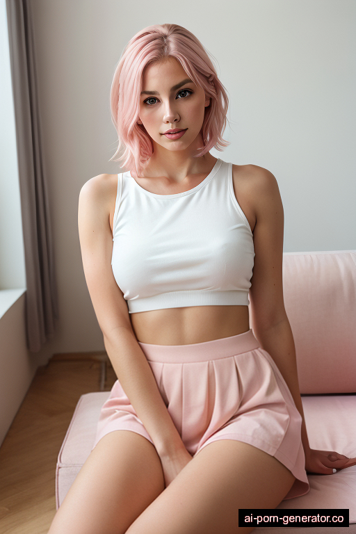 white athletic adult woman with medium boobs and pink hair of shoulder length, sitting in living room, wearing skirt, with shaved pussy