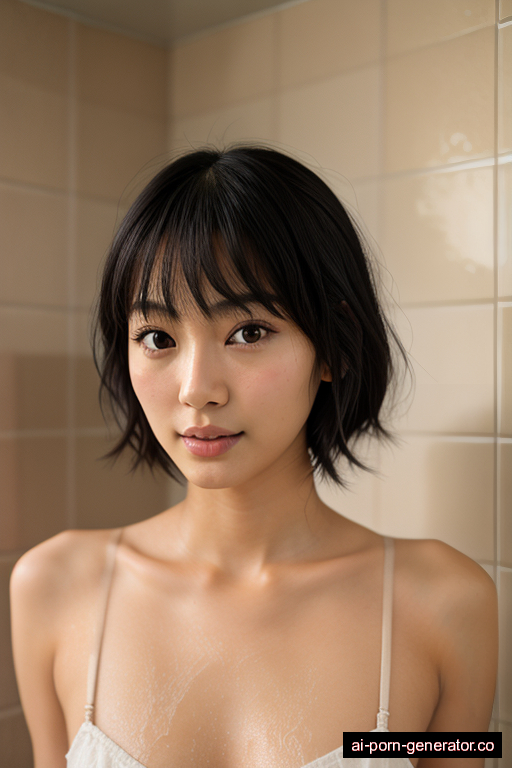 japanese skinny young-adult woman with medium boobs and dark hair of shoulder length, standing in shower, wearing naked, with shaved pussy