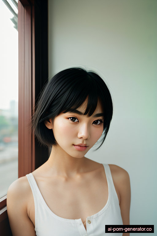 chinese athletic young-adult woman with small boobs and black hair of shoulder length, standing in bedroom, wearing naked, with shaved pussy