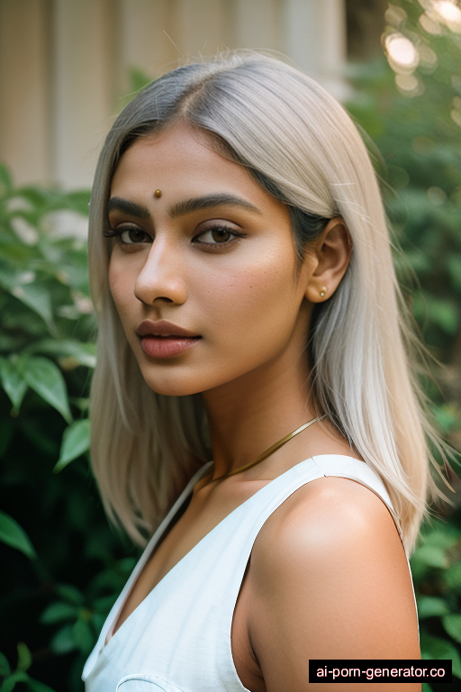 indian average built young-adult woman with medium boobs and white hair of shoulder length, bending over in garden, wearing harness, with shaved pussy