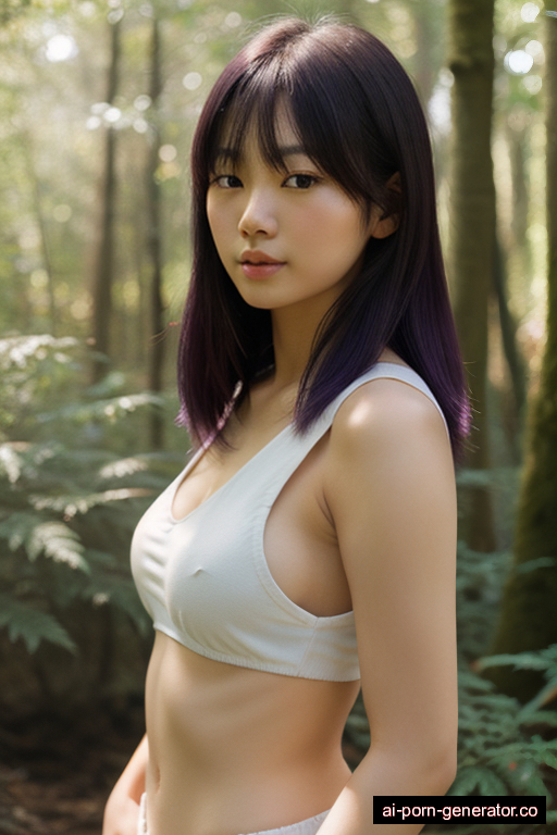 japanese average built young-adult woman with medium boobs and purple hair of shoulder length, standing in forest, wearing lingerie, with shaved pussy