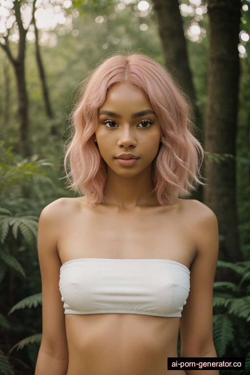 nigerian skinny young-adult woman with medium boobs and pink hair of shoulder length, standing in forest, wearing panties only, with shaved pussy