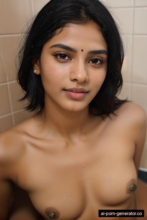 indian athletic young-adult woman with small boobs and black hair of shoulder length, lying down in shower, wearing naked, with shaved pussy