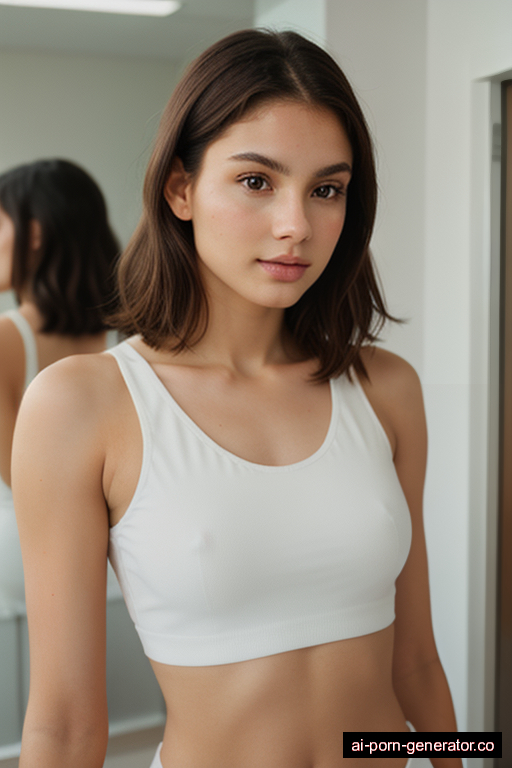 white athletic young-adult woman with medium boobs and blonde hair of shoulder length, standing in changing room, wearing crop top, with shaved pussy