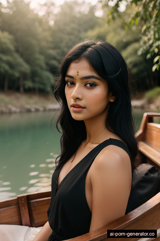 indian athletic young-adult woman with small boobs and black hair of shoulder length, sitting in boat, wearing dress, with shaved pussy