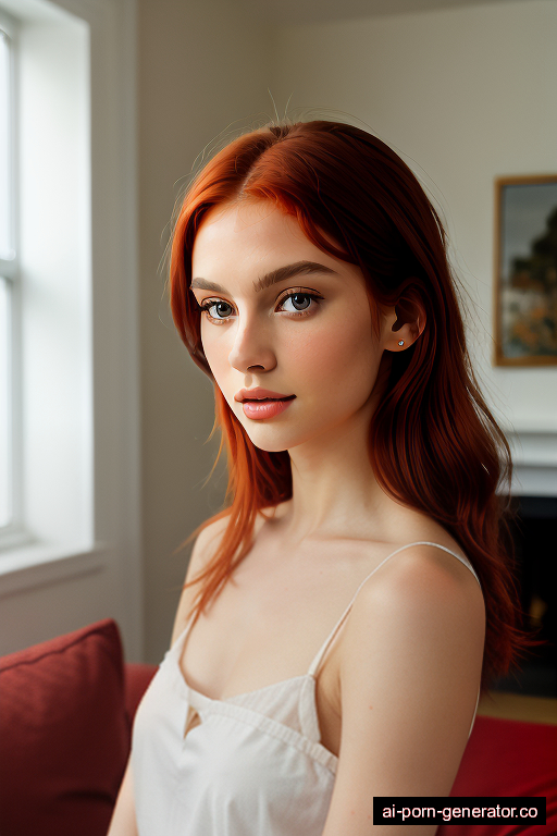 white skinny young-adult woman with medium boobs and red hair of shoulder length, bending over in living room, wearing swimsuit, with shaved pussy