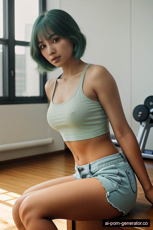 filipino average built young-adult woman with medium boobs and green hair of shoulder length, sitting in gym, wearing shorts, with shaved pussy