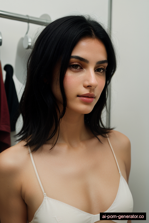 italian athletic young-adult woman with small boobs and black hair of shoulder length, bending over in changing room, wearing naked, with shaved pussy