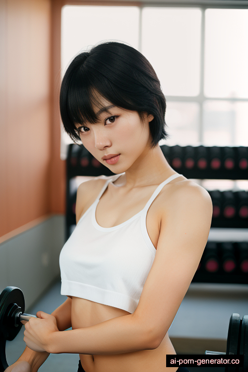 japanese athletic young-adult woman with medium boobs and black hair of shoulder length, splitting legs in gym, wearing naked, with shaved pussy