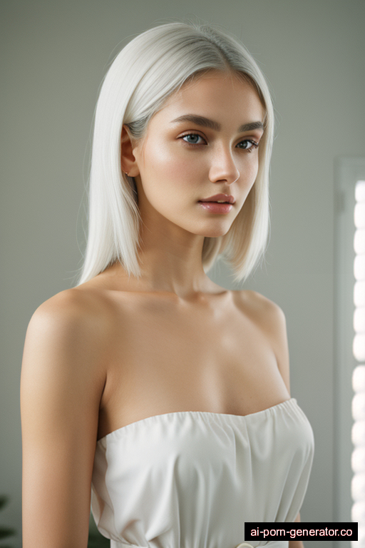 brazilian skinny young-adult woman with medium boobs and white hair of shoulder length, standing in bedroom, wearing bathrobe, with shaved pussy