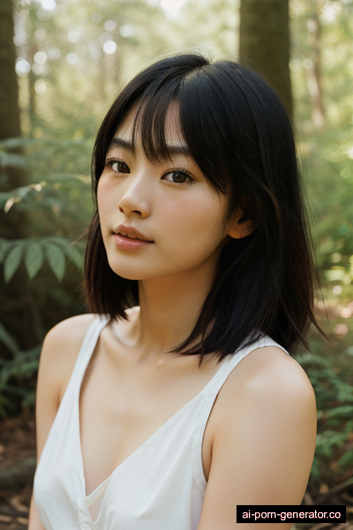 japanese athletic young-adult woman with medium boobs and dark hair of shoulder length, sitting in forest, wearing naked, with shaved pussy