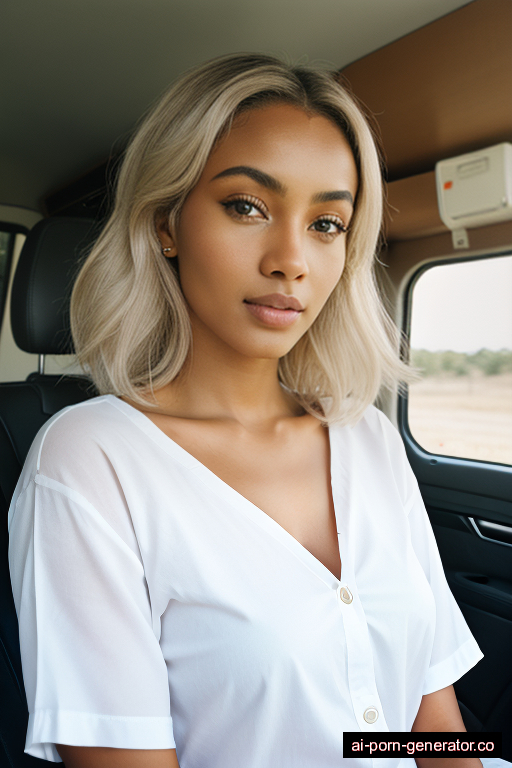 ethiopian average built young-adult woman with medium boobs and white hair of shoulder length, splitting legs in camper van, wearing shirt, with shaved pussy