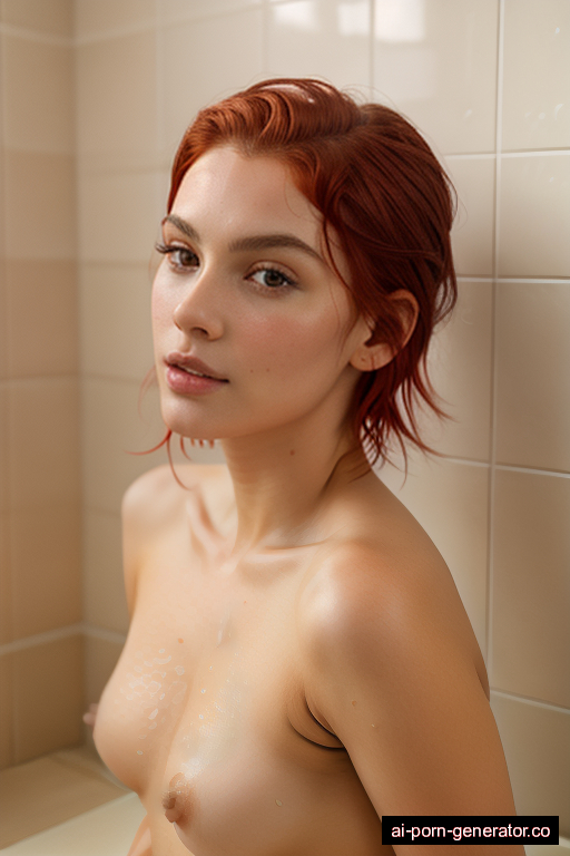 white average built young-adult woman with small boobs and red hair of shoulder length, lying down in shower, wearing naked, with shaved pussy