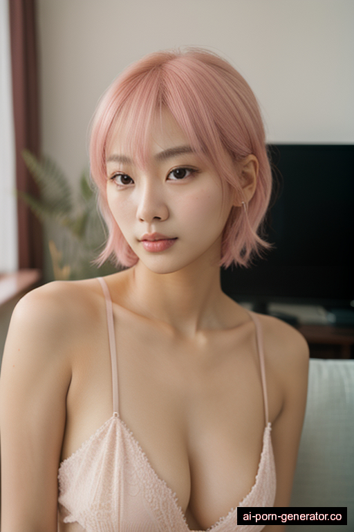 korean average built young-adult woman with medium boobs and pink hair of shoulder length, bending over in living room, wearing lingerie, with shaved pussy