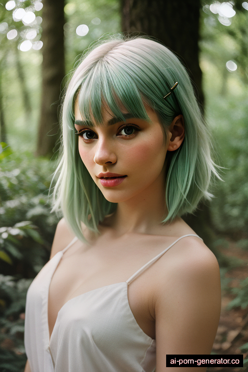 white average built young-adult woman with small boobs and green hair of shoulder length, splitting legs in forest, wearing naked, with shaved pussy