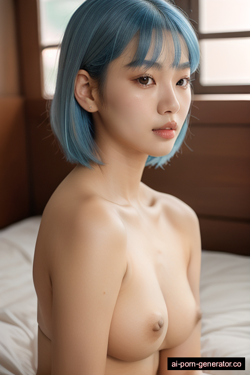 korean average built young-adult woman with medium boobs and blue hair of shoulder length, splitting legs in bedroom, wearing naked, with shaved pussy