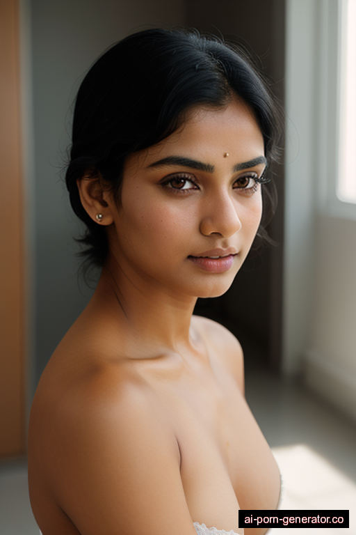 indian athletic young-adult woman with medium boobs and black hair of shoulder length, bending over in changing room, wearing naked, with shaved pussy