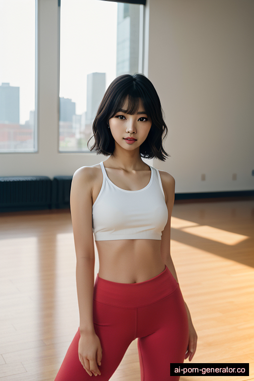 korean skinny young-adult woman with small boobs and dark hair of shoulder length, standing in gym, wearing yoga pants, with shaved pussy