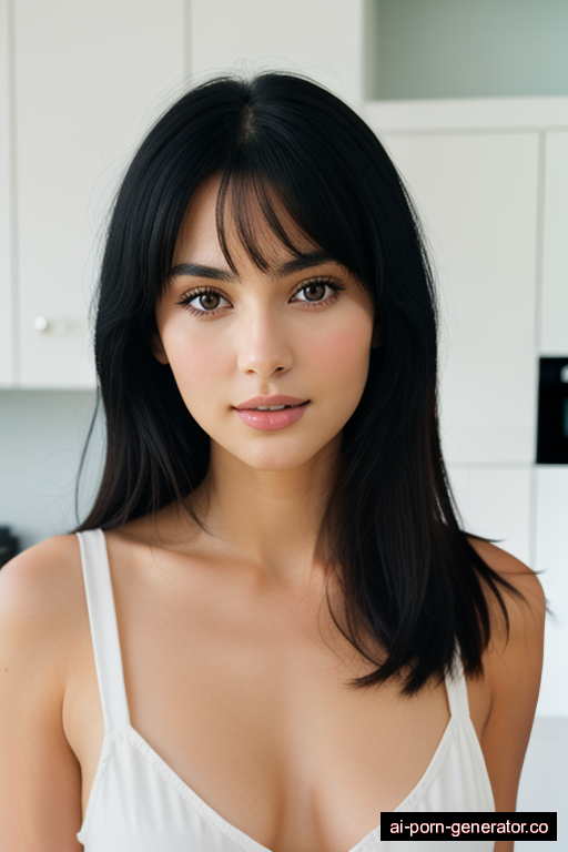 white average built young-adult woman with small boobs and black hair of shoulder length, standing in kitchen, wearing bra only, with shaved pussy