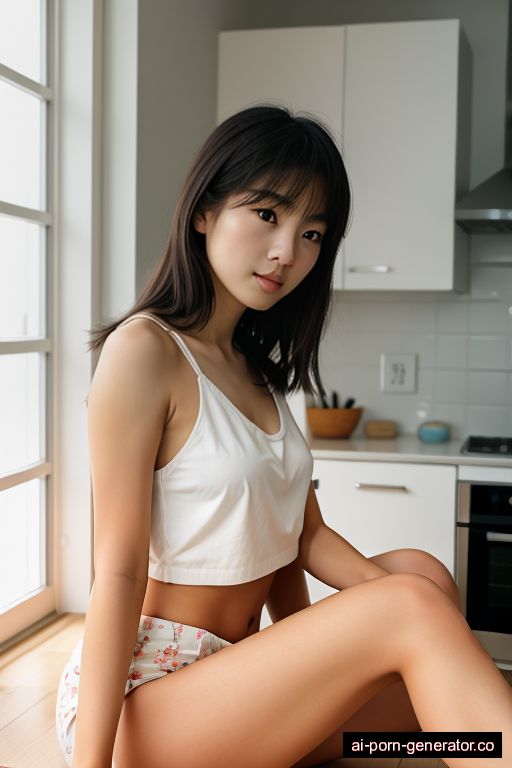 japanese skinny young-adult woman with medium boobs and blonde hair of shoulder length, lying down in kitchen, wearing crop top, with shaved pussy