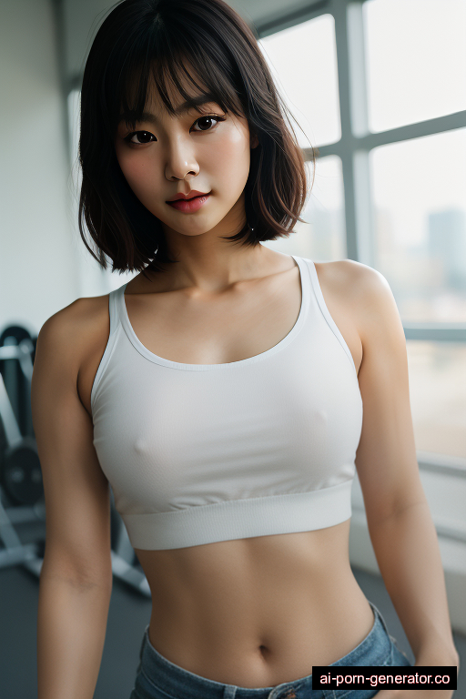 korean skinny adult woman with medium boobs and dark hair of shoulder length, standing in gym, wearing crop top, with shaved pussy