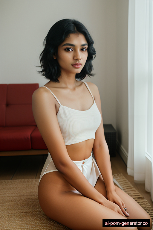 indian skinny young-adult woman with small boobs and black hair of shoulder length, sitting in classroom, wearing naked, with shaved pussy